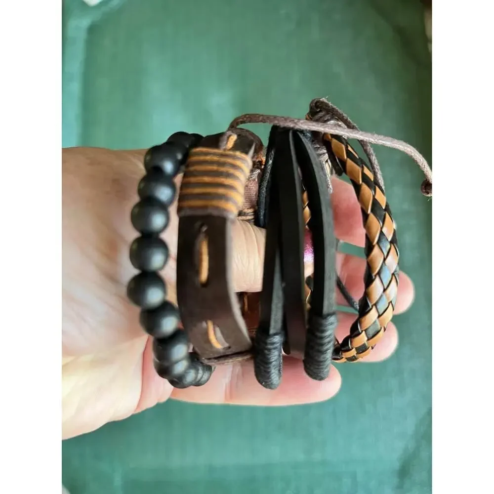 Mens 4pc layered bracelet set w/ beaded, woven, & PU leather strap design